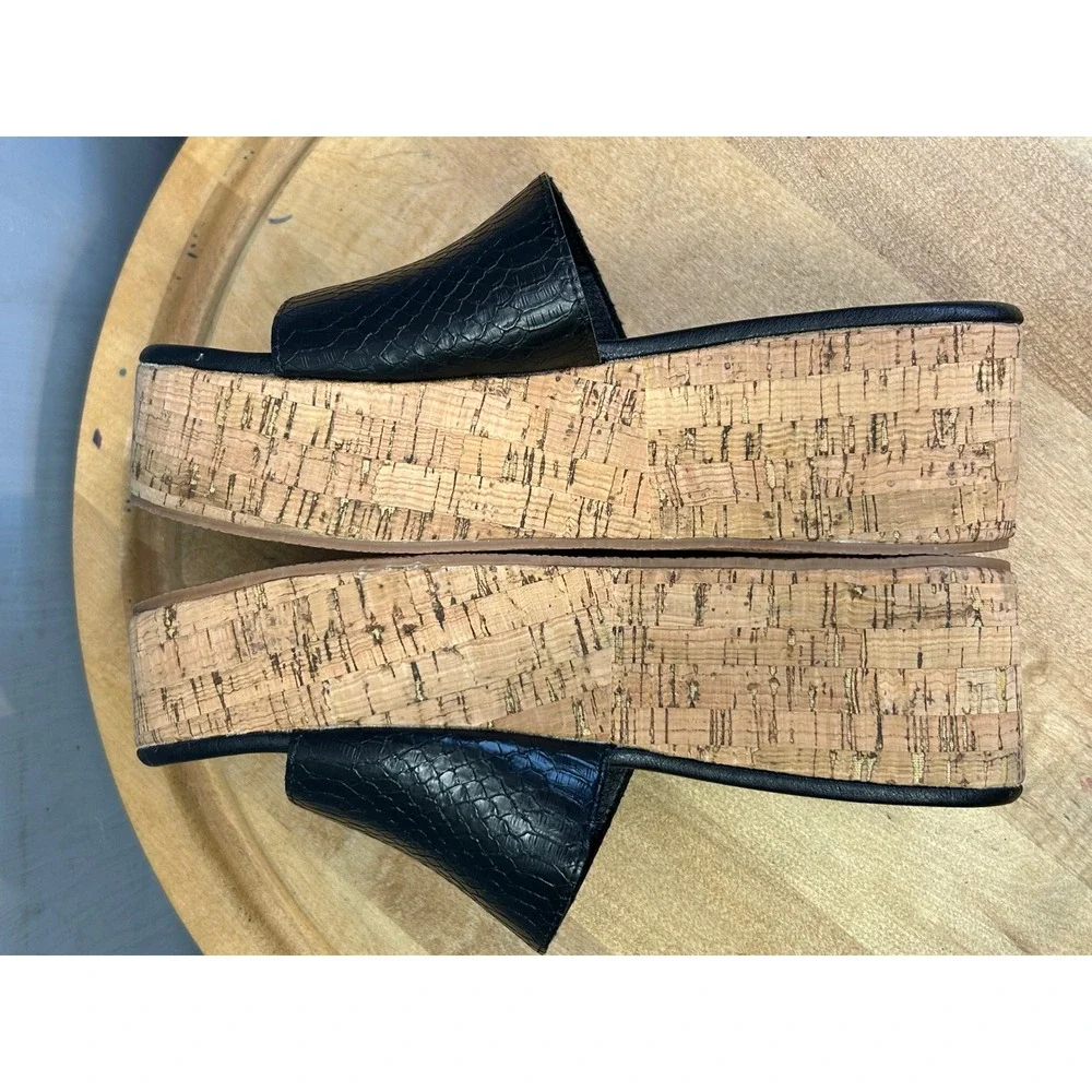 Shu Shop Platform Slides Womens 7.5‎ Black Milagros Snakeskin Cork Wedge Sandals